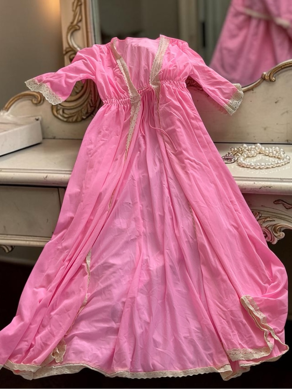 Handmade 70s Pink Lace Boho Dressing Robe Barbie Glam Kimono OS floor‎ length
